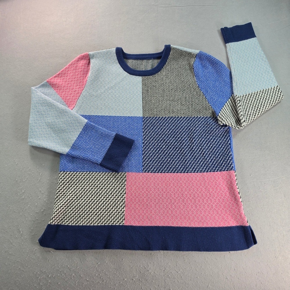 Style & Co Patchwork Colorblock Knit Crewneck Sweater Blue Pink Grey Size Large